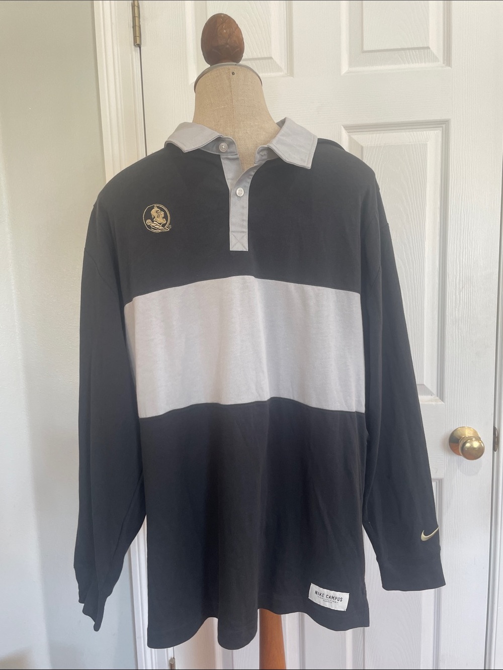 Nike Black and White Long-Sleeve Rugby Polo